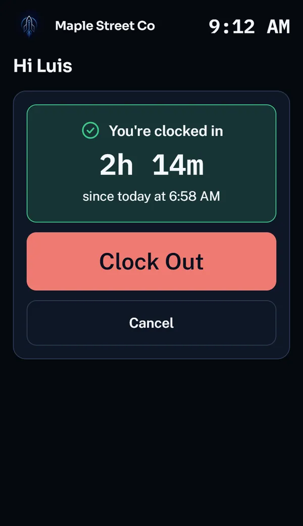 Kiosk on a phone: Luis is clocked in, with a Clock Out button